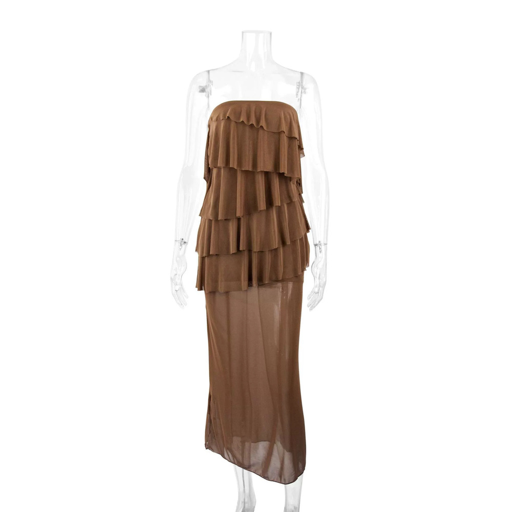 Zara Strapless Layered Ruffle Bodycon Mesh Asymmetrical Long Dress - Picture 4 of 6